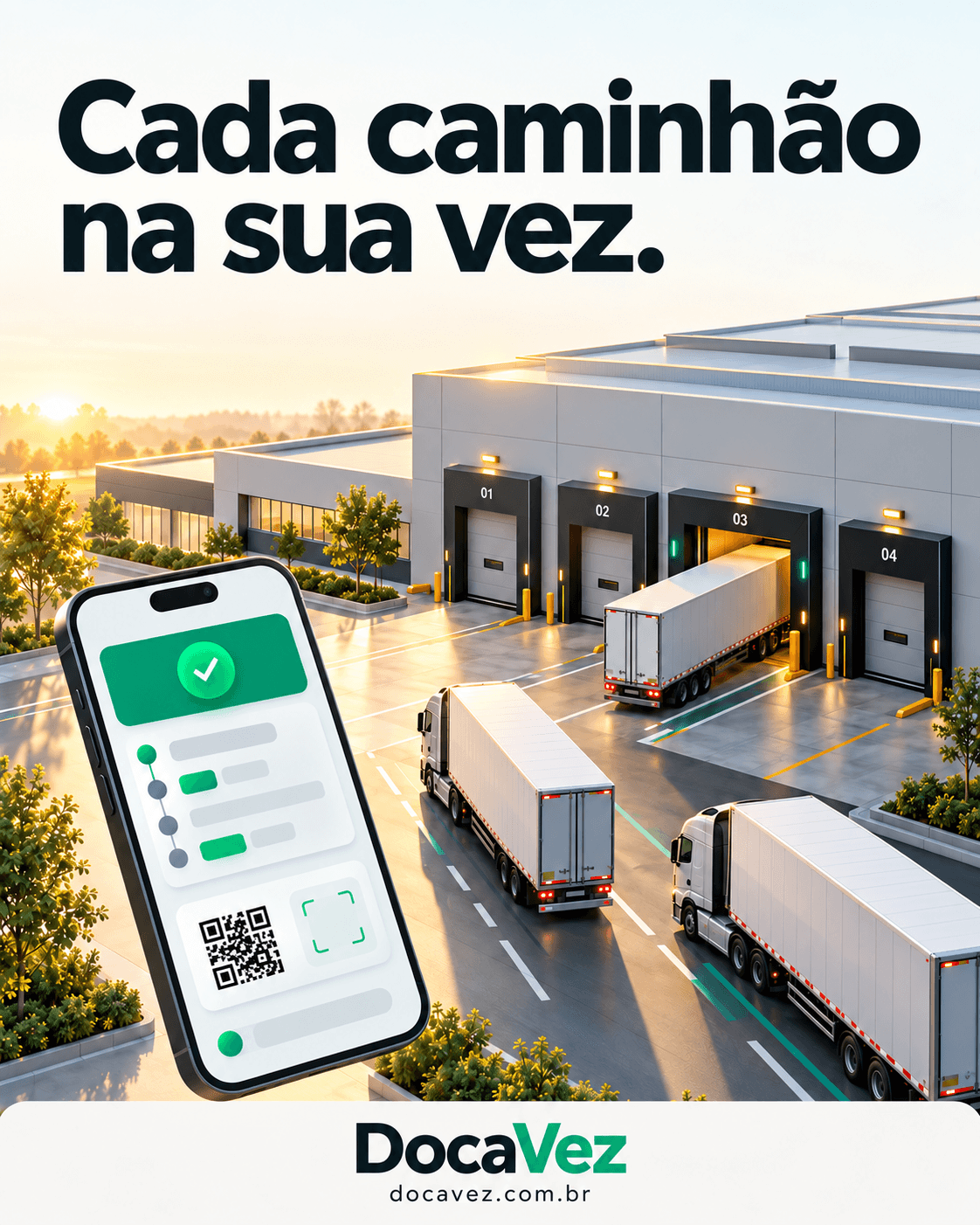 Ilustração de um centro de distribuição com docas numeradas, caminhões encostando nas portas e, em primeiro plano, um celular mostrando a confirmação de um agendamento de doca no DocaVez.